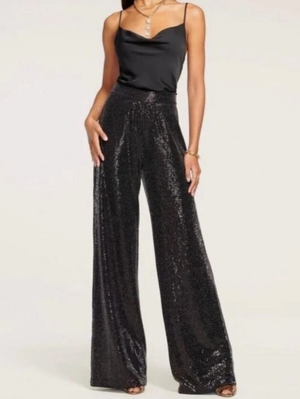 Ramy Brook Christine Sequin Pants in Black Wide Leg High Rise Trouser Size 4
